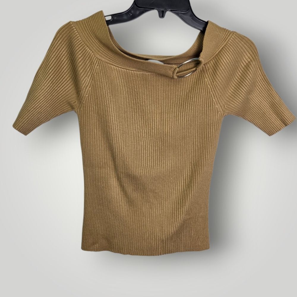 Y2K Ribbed Ring Neck Knit Top Tan Short Sleeve Size Medium
